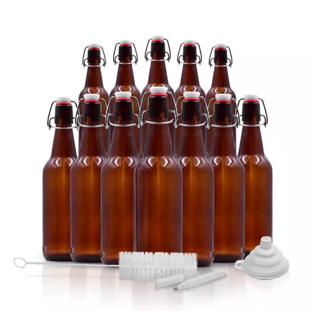Nevlers 16 Oz. Airtight Glass Swing Top Beer Bottles - Amber Glass (Pack of 12)