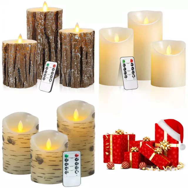 Set of 3 LED Flameless Pillar Candles Flickering Battery Operated With Remote