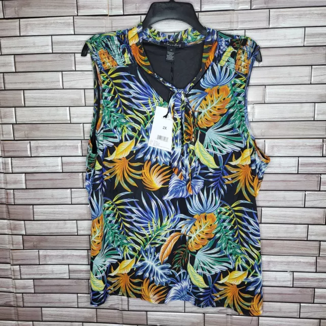 NEW A Love Story Women's Blouse Plus Size 2X Sleeveless Tropical Floral Tank Top