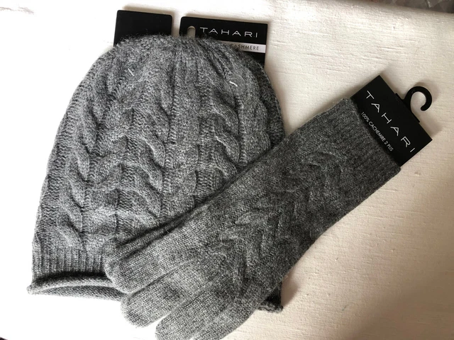 NWT Tahari 100% Cashmere Gray Horseshoe Beanie hat gloves set One Size