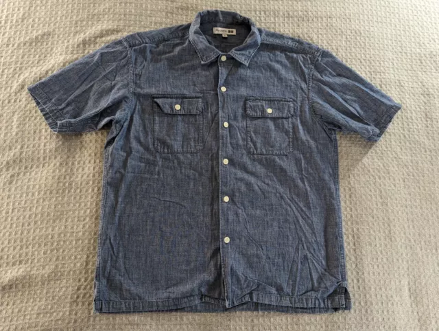 Uniqlo x JW Anderson Shirt Men Medium Blue Chambray Work Shirt Short Sleeve