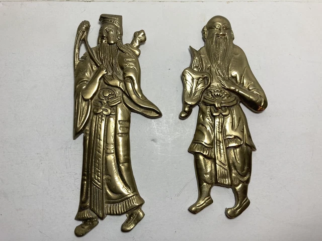 Chinese Brass Longevity Immortals 7.5” Wall Hanging Set Of 2
