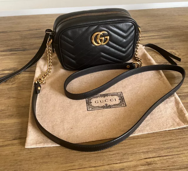Authentic Gucci Black Matelassé Chevron Leather GG Marmont Mini Shoulder Bag
