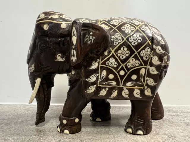 Antique 19th Century Wooden Anglo-Indian Carved Rosewood Elephant w Inlay