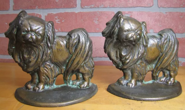 PEKINGESE Old Bookends Cast Iron Bronze Wash Decorative Art Dog Statues