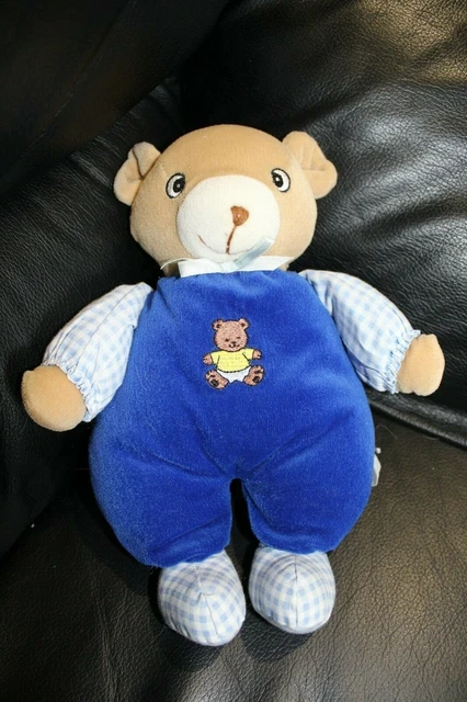 Doudou peluche ours marron bleu vichy grelot brodé ours pull jaune TBE