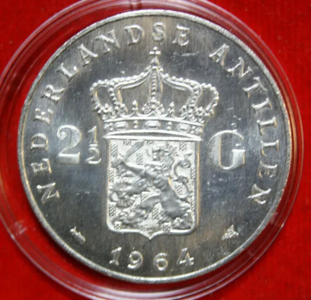 Netherlands Antilles 2 1/2 Gulden 1964 Silver Km#165 st-Bu #F4865 Km#7