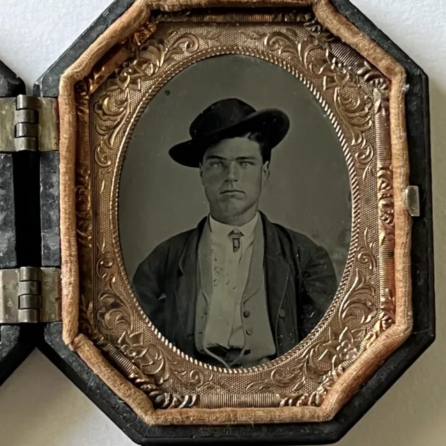 Antique Tintype Photograph Dapper Young Man Cowboy Octagon Thermoplastic Case