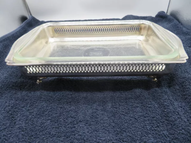 Vtg GlasBake Rectangular Glass Casserole Dish & Footed Silverplate Holder Rare