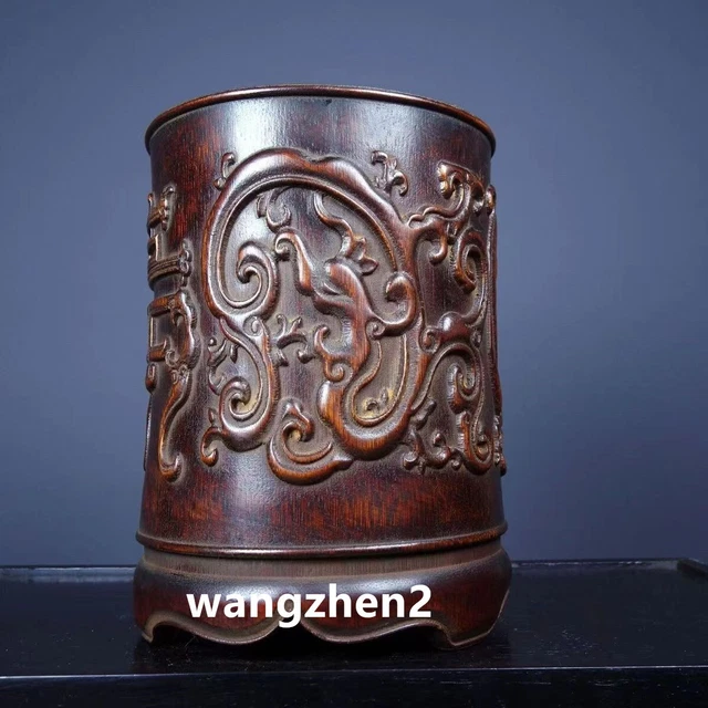 Old China handmade Exquisite Bamboo carving dragon pattern pen holder 16cm