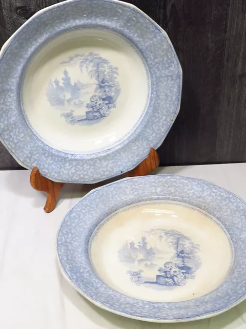 2 Antique Blue Transferware Rimmed Soup Bowl Plates 10.5" Ironstone Burslem