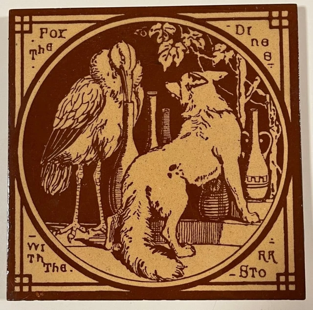 RARE-ANTIQUE MINTON CHINA WORKS FOX and STORK STOKE-ON-TRENT 1800'S TILE 