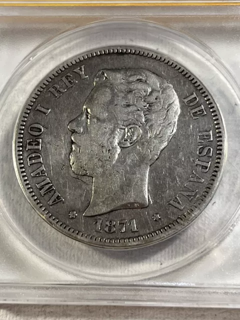 1871 (71) SDM Spain 5 Pesetas Large Silver Coin Graded VF 25 by ANACS