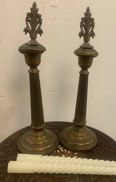 Antique Decorative Pair of French Brass Candlesticks With Decorative Finials