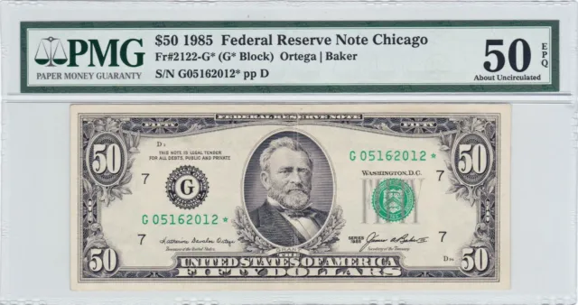 1985 Star $50 Federal Reserve Note Chicago PMG 50 EPQ AU About Unc FRN 2
