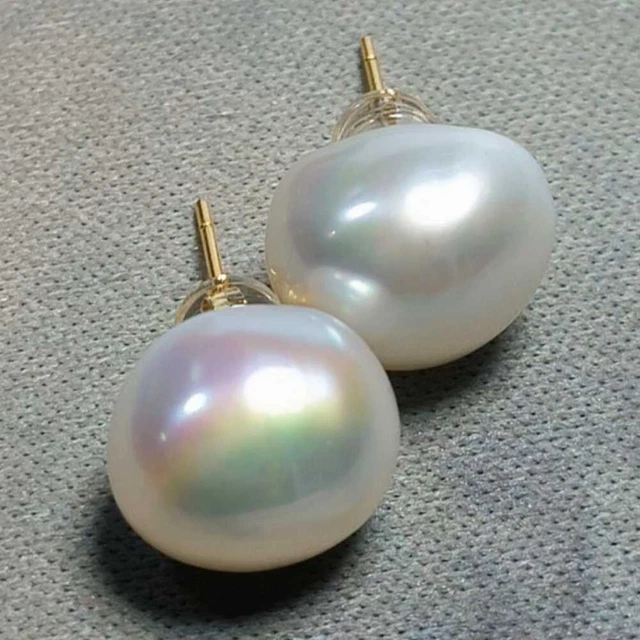 13-14MM Huge Natural AAA Baroque White pearl Earrings 14K Hook Lucky Fashion