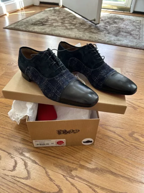 Men’s CHRISTIAN LOUBOUTIN 895$ GREGGO Flat Calf Leather Blue Wool Pattern Size 9