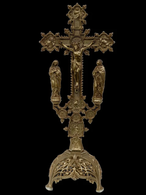 Antique Vintage French Metal Altar Standing Crucifix Cross Jesus Christ Symbols Antique Vintage French Metal Altar Standing Crucifix Cross Jesus Christ Symbols