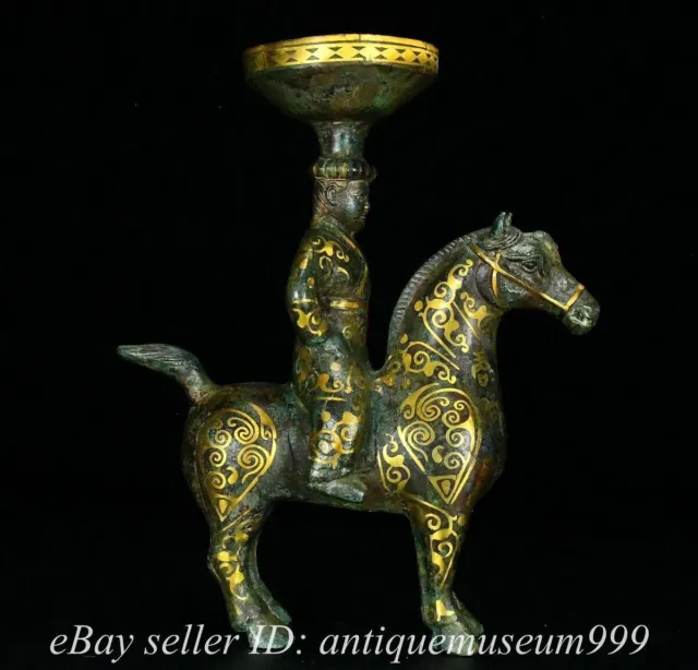 11.2" Old Chinese Bronze Inlaying Gold Feng Shui People horse lampstand Statue