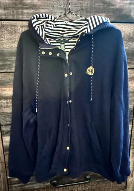 Ralph Lauren Women's Snap Zip Up Navy Blue Hoodie Size 2X. Front Pockets Jacket