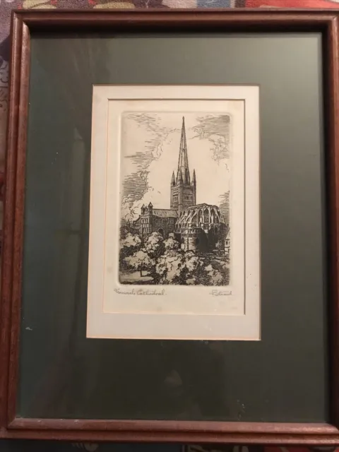 Framed Etching Print signed T Stead Norwich Cathedral 6.5x4.5”” Frame 11x9”