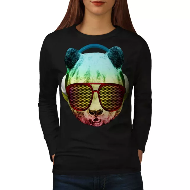 Wellcoda Music Fan Panda Bear Womens Long Sleeve T-shirt, Funky Casual Design