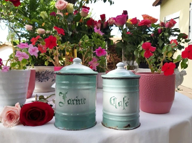 2 Superb antique enameled french canisters green gothic letter 1920 pot