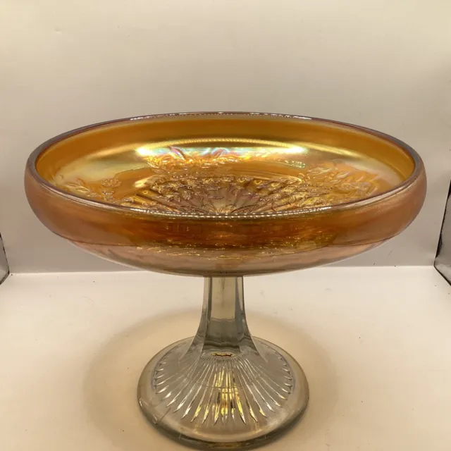Orange Carnival Glass Footed Bowl Wit Butterfly Pattern Vintage (C3) S#942