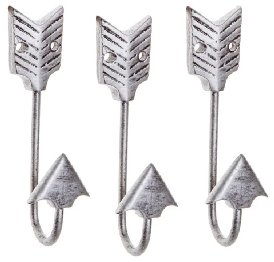 THREE Metal Decorative Wall Hooks: Silver Bent Iron Arrow Wall Hook (hat / coat)