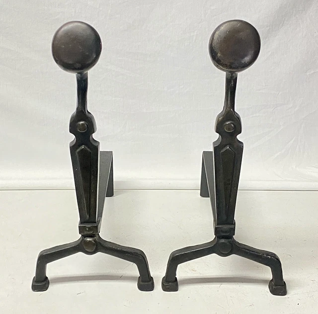 Pair of 2 Antique Art Deco Door Handle Ball End Cast Iron Andirons Firedogs Set
