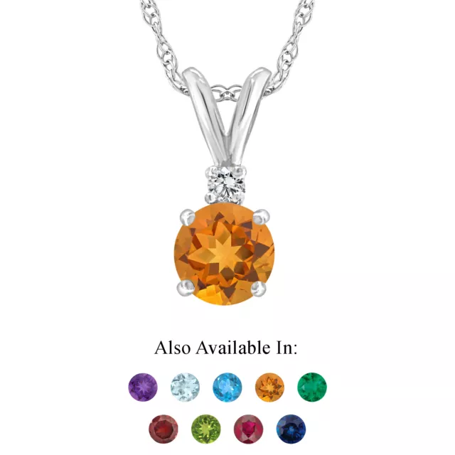 14K White Gold 5mm Round Genuine Natural Citrine Diamond Accent Pendant Necklace