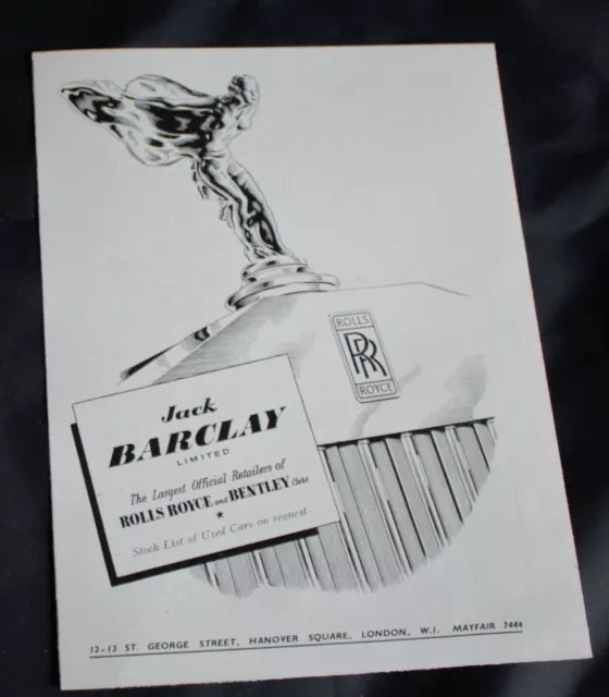 1948 Print Advert 'Jack Barclay Rolls Royce & Bentley Dealers' 6.5" x 4.75"