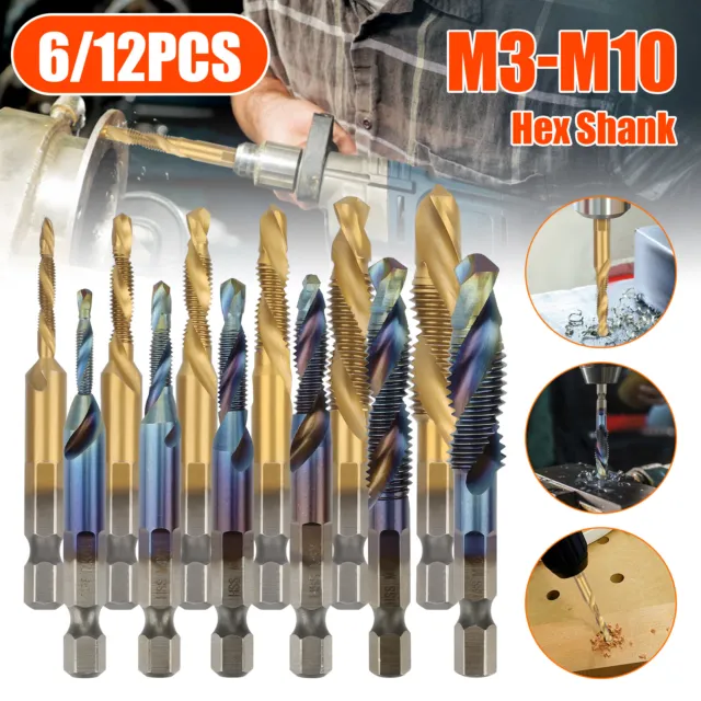 6/12x 1/4" Hex Shank HSS Titanium Coated Screw Thread Tap Drill Bits M3-M10 Set