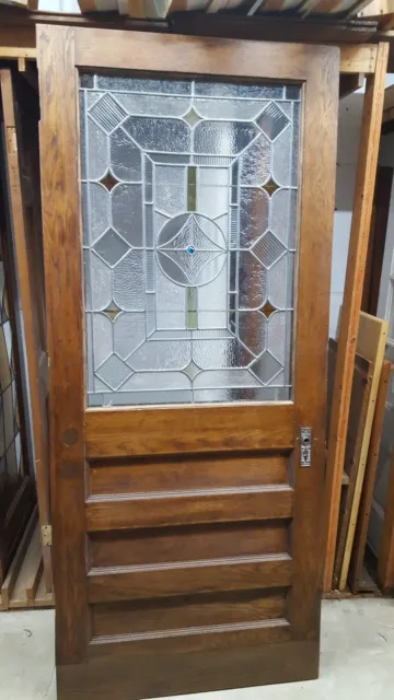 Wood & Leaded Glass Exterior Door with Ornate Geometric Designs & Hardware