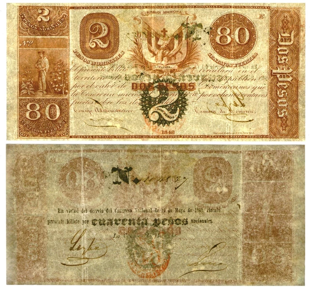 r Reproduction - Dominican Republic 40 on 2 Peso -80 Centavos 1848 Pick #7 1822R