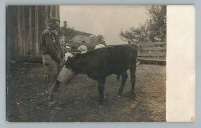 Man Feeding Black Cow from Bucket RPPC Antique Dairy Farm Photo Postcard 1910s