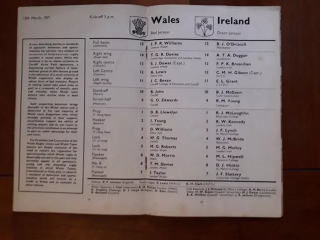 WALES v IRELAND 1971 RUGBY PROGRAMME & TICKET 13 Mar at CARDIFF GRAND SLAM WALES 3