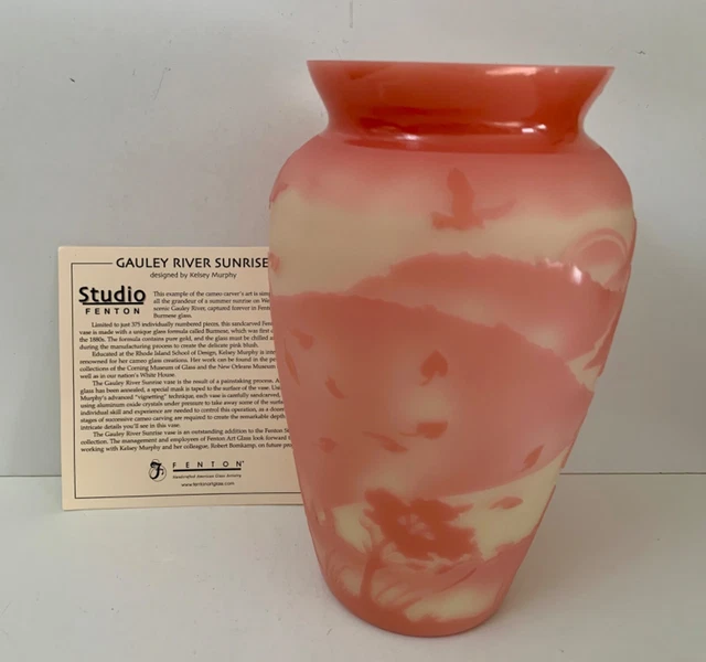 Fenton Kelsey Murphy Cameo/Sand Carved Burmese Vase Gauley River Sunrise #88