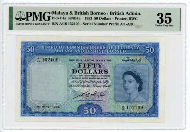 Malaya & British Borneo 50 Dollars 1953 P-4a PMG 35 VF