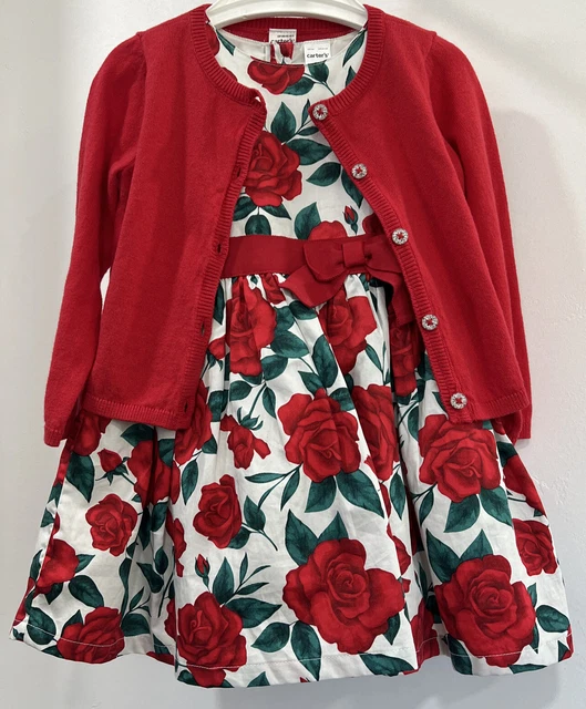 Carters baby girl floral Rose print dress with red cardigan 24 months Pre Owned