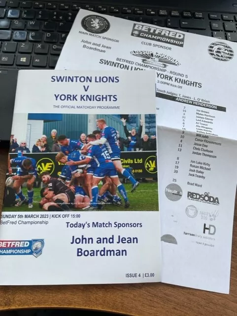 2023 Swinton Lions V York Knights - Championship + Team Sheet