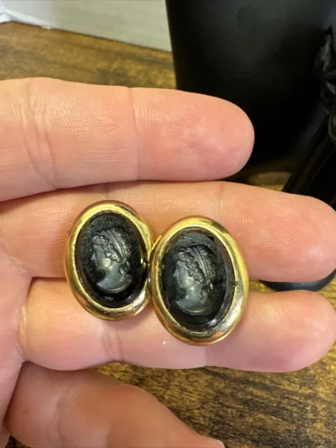 Vintage Sarah Coventry Midnight Cameo Intaglio Hematite Oval Clip On Earrings