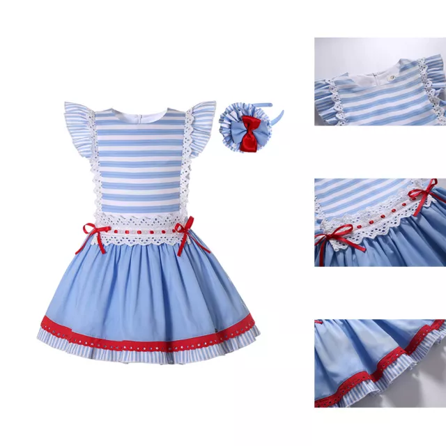 Vintage Girls Spanish Dress Ceremony Party Pageant Striped Sundress Summer Blue