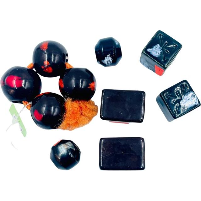 Vintage Macrame Beads 10 Glazed Ceramic Brown Orange Black White 1 - 1.5” NOS