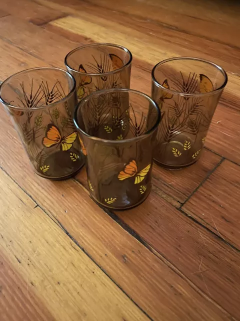 Vintage Libbey Drinking Glasses Monarch Butterfly Wheat Amber Tumbler Set Of 4