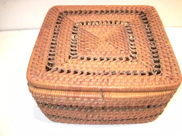 Vintage Asian Oriental Antique Sewing Basket With Hinged Lid & Open Work - Vgc!