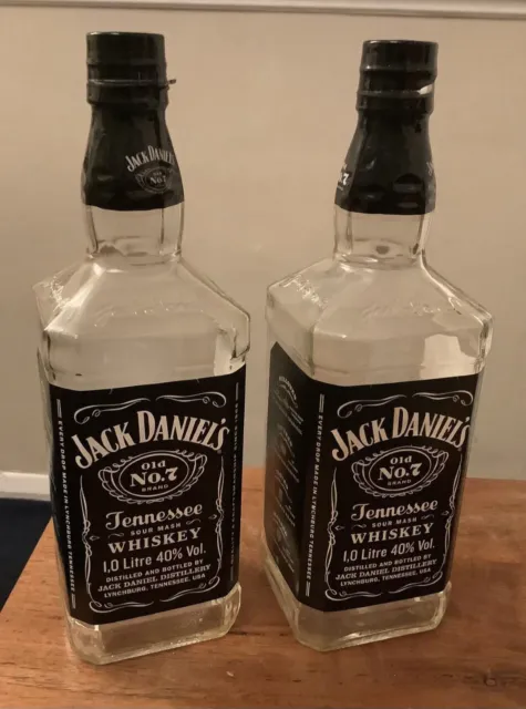 2 x EMPTY JACK DANIELS 1 LITRE (1L) GLASS BOTTLES - Upcycle collectable