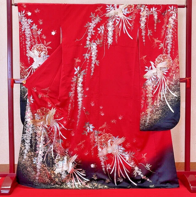 Japanese Kimono “Furisode” Pure Silk  red/black/gold/Phoenix/cherry blossoms