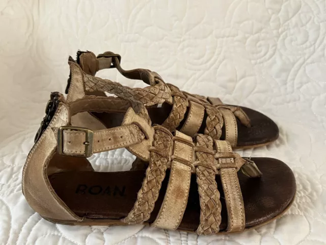 Roan Bed Stu Brown Beige Strappy Leather Back Zip Women’s Sandals Size 7.5