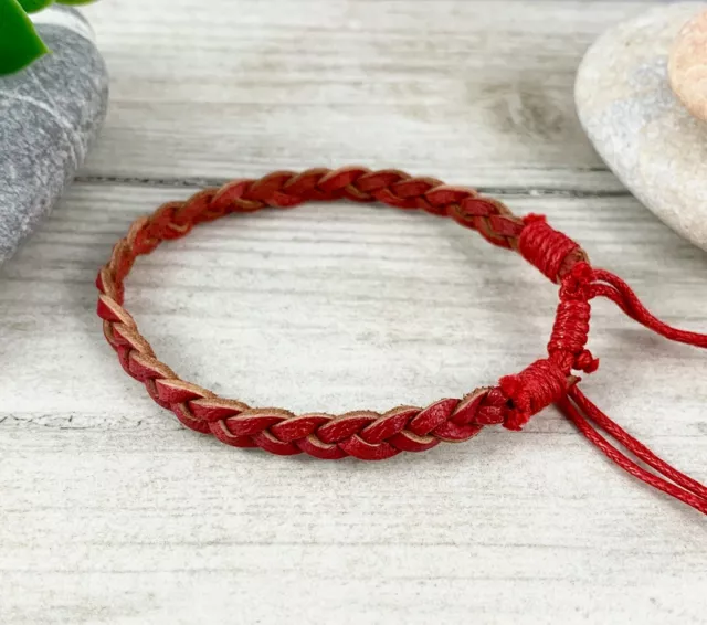 Red Leather and Waxed Cotton Bracelet / Wristband Anklet / Mens Bracelet Womens